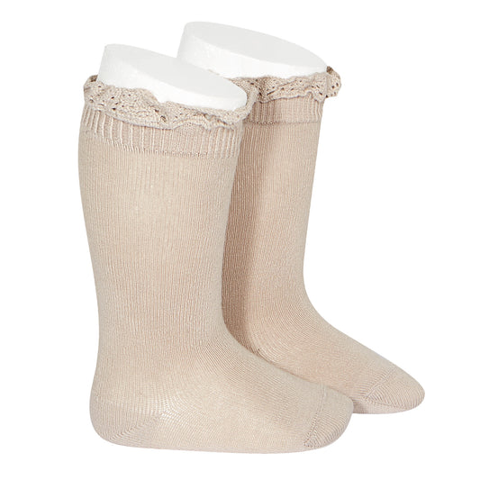 CÓNDOR Knee Socks With Lace Edging Cuff- Stone