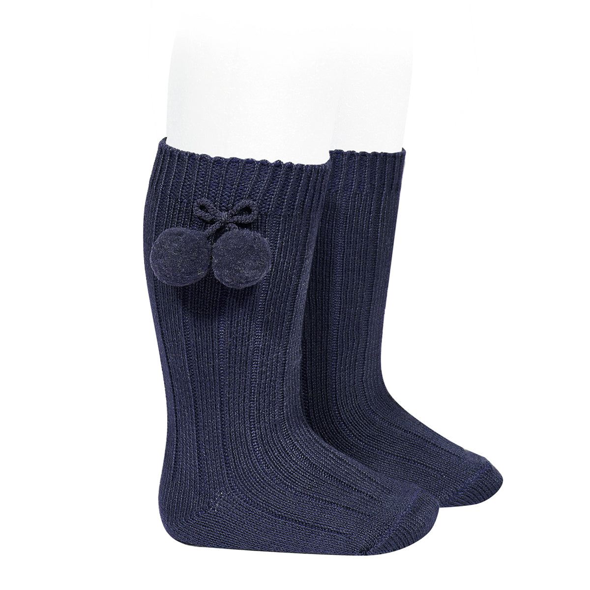 CÓNDOR Warm Cotton Rib Knee-High Socks With Pompoms- Navy