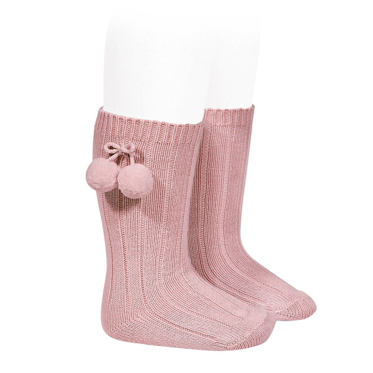 CÓNDOR Warm Cotton Rib Knee-High Socks With Pompoms- Pale Pink