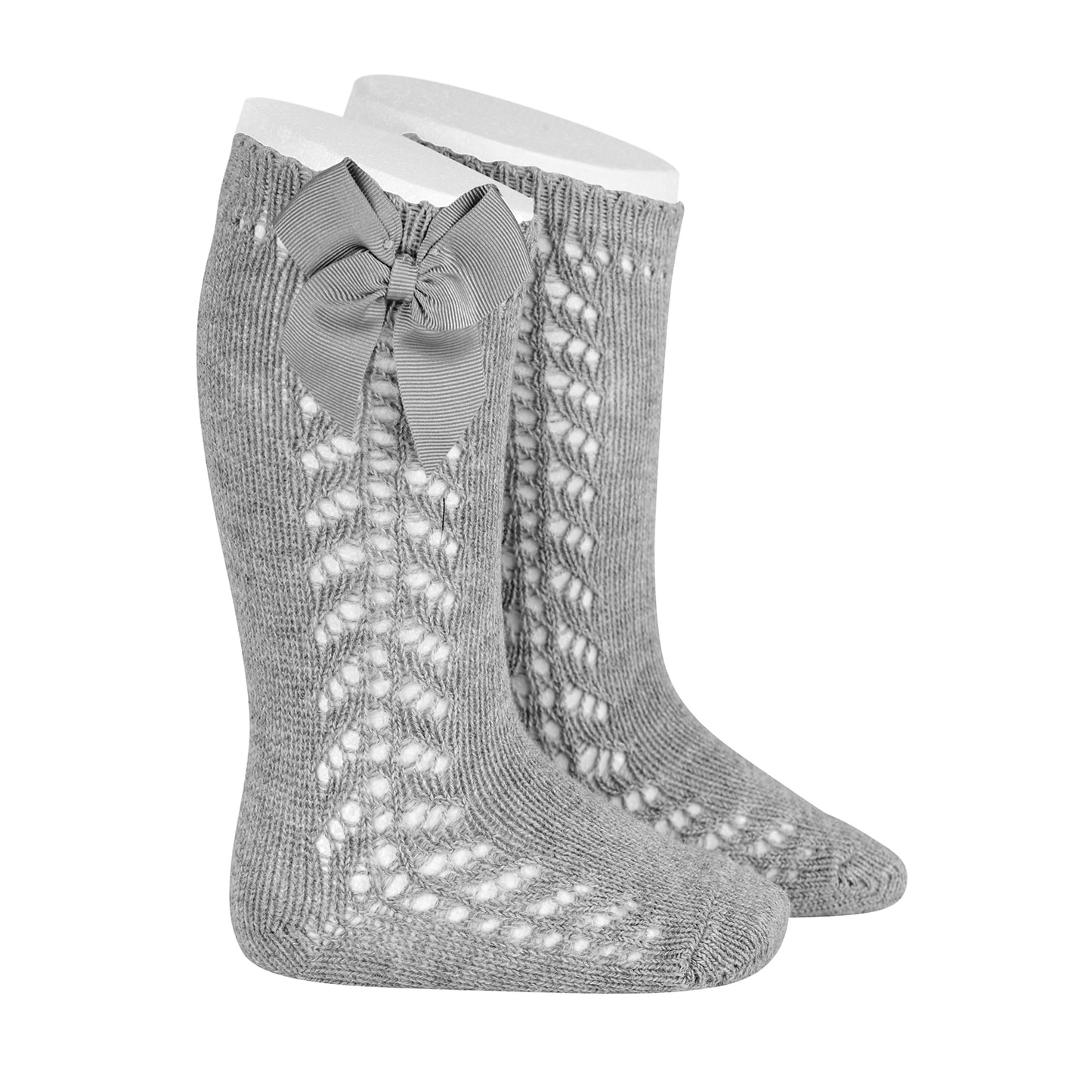 CÓNDOR Side Open Work Warm Cotton Knee Socks With Bow- Aluminum Grey