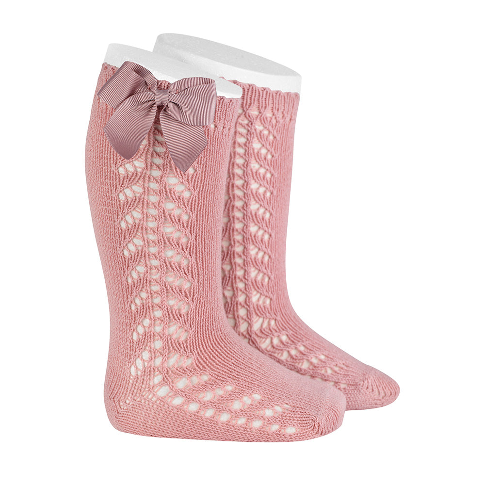 CÓNDOR Side Open Work Warm Cotton Knee Socks With Bow- Pale Pink